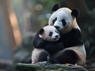 Obraz premium A mother panda and her cub in the lush greenery of a forest, their black-and-white fur contrasting with vibrant foliage under soft sunlight.Perfect for wallpapers, art prints