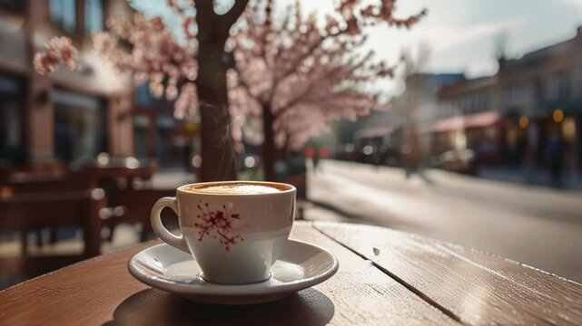 cup of coffee on a table next to the window with a view of the eiffel tower, paris. Seamless looping 4k video animation