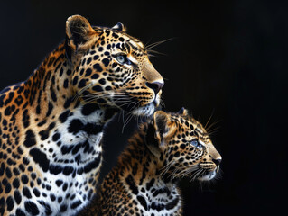 Obraz premium A beautiful leopard and her cub playing in the forest during golden hour, evening. Perfect for greeting cards, wallpapers, prints
