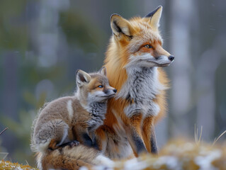 A mother fox with her baby fox, showcasing her love and care in the wild. Beautiful picture for mothers day greeting card, prints, wallpapers