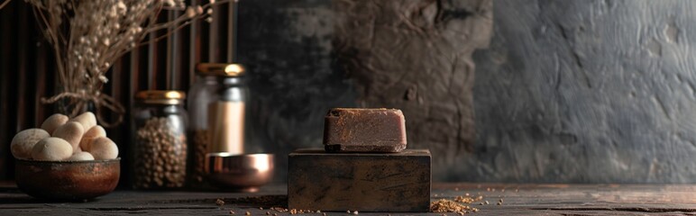 Handmade soap with natural ingredients on wooden block