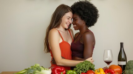 Two women hugging each other in a kitchen with a bottle of wine and a bunch of vegetables on the table