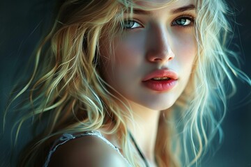 Naklejka premium Beautiful young woman with long blonde hair and blue eyes is posing in the sunlight
