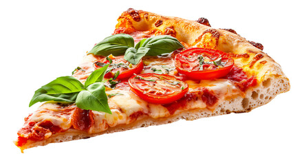 Fresh pizza slice with toppings on transparent background