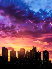 Fototapeta premium A panoramic view of a city skyline silhouetted against a dramatic sunset sky with vibrant hues of pink, purple, and orange. Generative AI