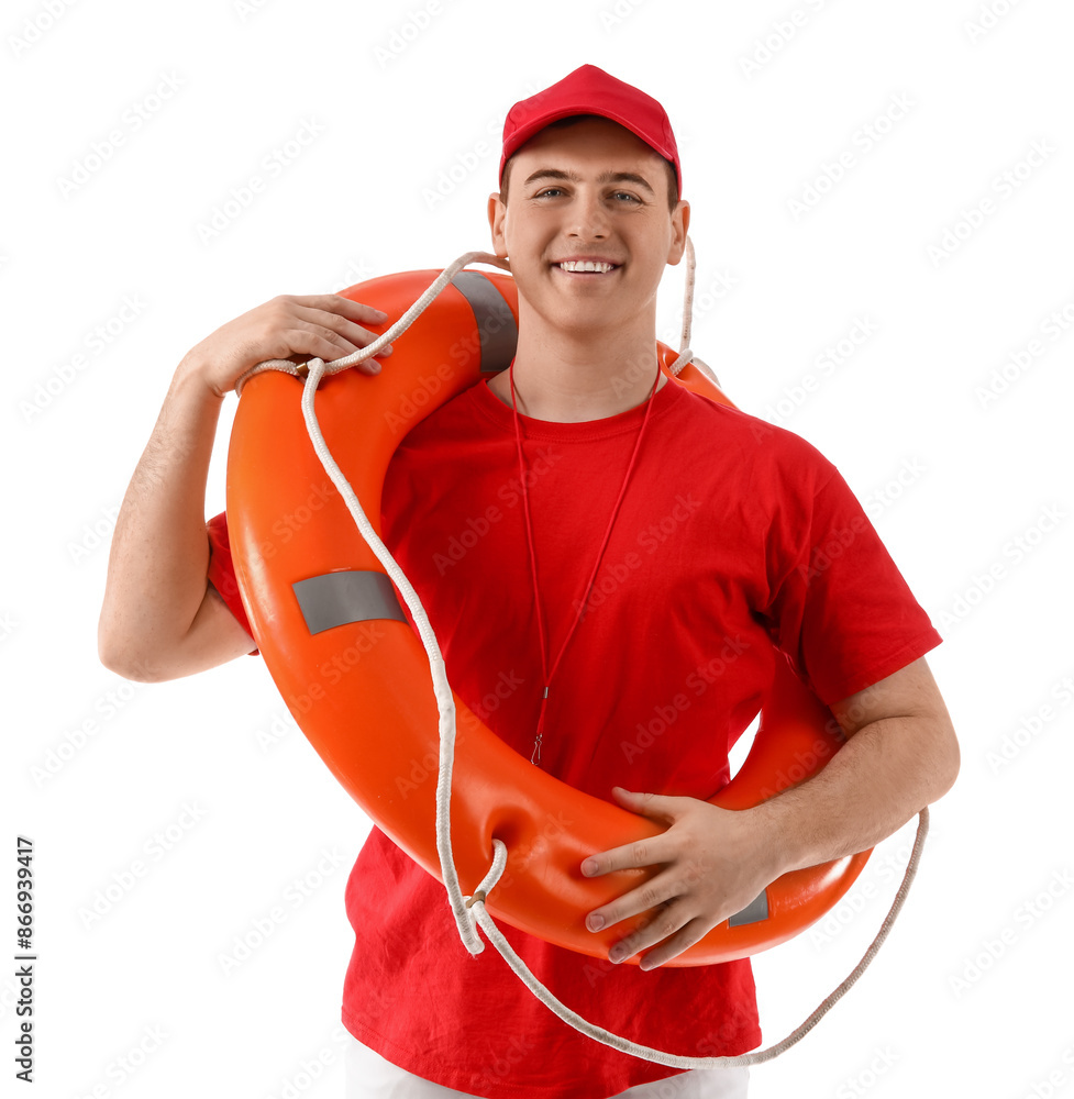 Wall mural male lifeguard with ring buoy isolated on white background