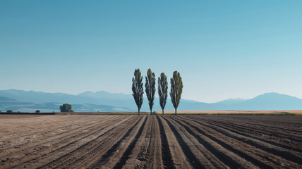 Obraz premium 三本の木と青空の静かな風景