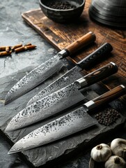 Artisan Crafted Full Tang Chef Knife Showcased Among Japanese Knives - High Resolution Photo Realistic Image in Photography Style