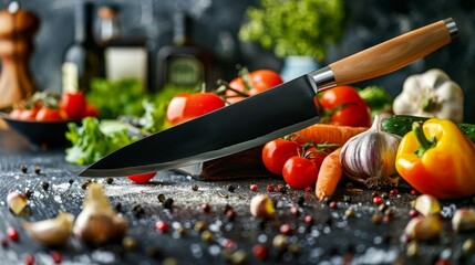 Exquisite Japanese Chef Knife in Vibrant Kitchen Scene with Fresh Vegetables Being Prepared - Photo Realistic High Resolution Photography in Photography Style
