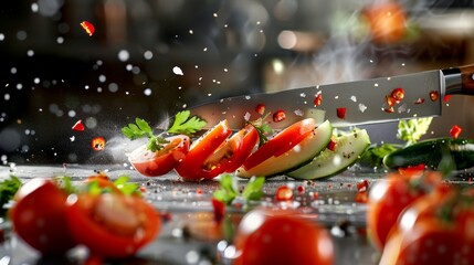 Precision Slice: Japanese Chef Knife Cutting Fresh Vegetables in Dynamic Motion Photography