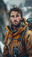 Obraz premium Australian man with mountain climbing gear, looking rugged