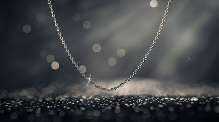 A close-up of a minimalist metallic silver necklace against a dark grey background, with dramatic lighting and sparks adding a touch of elegance