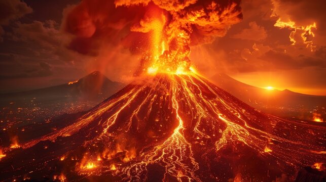 A volcano erupts with lava and smoke, creating a fiery and dangerous scene. Volcanic eruption, disaster.