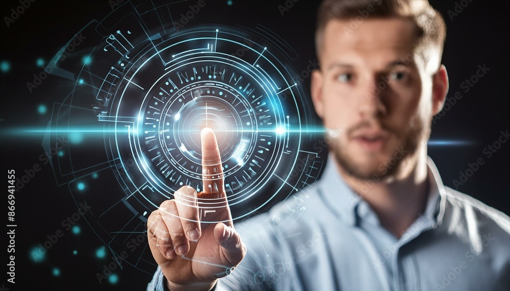 Poster a futuristic image of a man interacting with an artificial intelligence hologram,