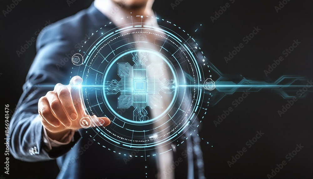 Poster a futuristic image of a man interacting with an artificial intelligence hologram,