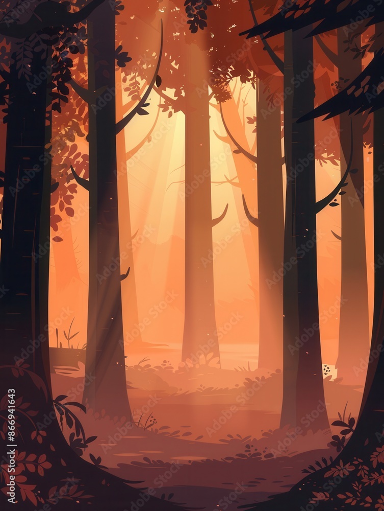 Poster A serene forest landscape at dawn, with sunlight filtering through the trees and creating a mystical atmosphere. Generative AI