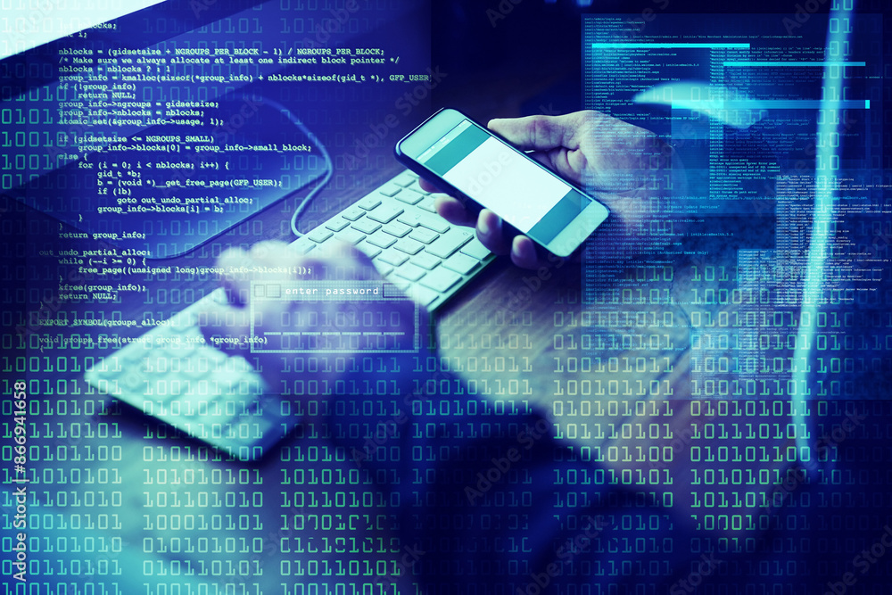 Leinwandbilder Coding, overlay and hacker hands with phone for malware, banking fraud and cyber crime. Night, database and cybersecurity attack with computer coder and criminal with hacking programming at desk