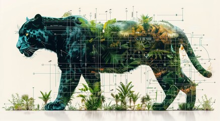 Black Panther in Detailed Technical Drawing Style with Botanical and Schematic Elements in Jungle Setting