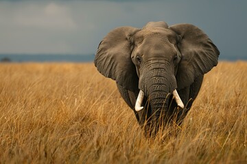 Naklejka premium Large male african elephant is walking through the tall golden grass of the savanna
