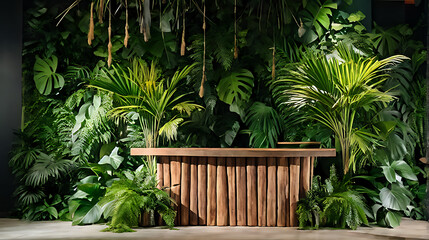 Obraz premium Background podium jungle product platform 3D green wood display pedestal. Background podium jungle tree nature leaf tropical cosmetic summer forest plant garden stage water presentation stone table. 