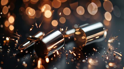 A close-up of a minimalist metallic silver cufflink against a dark grey background, with dramatic lighting and sparks creating an elegant effect