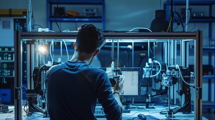 3D printing technician operating advanced 3D printers in a high-tech workshop, demonstrating cutting-edge additive manufacturing technology and precision engineering. Industrial innovation and modern 