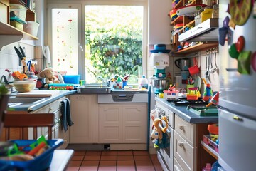 Messy kitchen counter full of toys with a window in the background showing a green garden