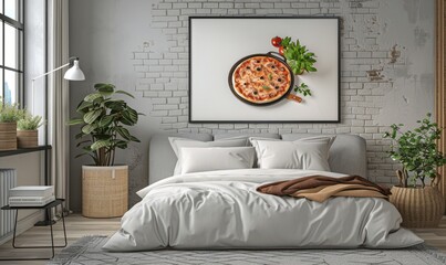 Minimalist bedroom with a mockup poster on the wall