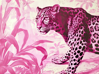 Vintage Pink Leopard Illustration for Retro-Inspired Fashion and Creative Design Projects .