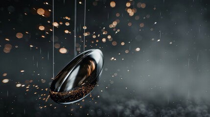 Obraz premium A close-up of a minimalist metallic silver pendant against a dark grey background, with dramatic lighting and sparks creating a sophisticated effect