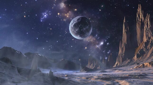 Night planet surface with planet in the sky. Surreal scene of a night landscape on a distant planet with another planet lSeamless looping 4k time-lapse virtual video animation background. Generated AI