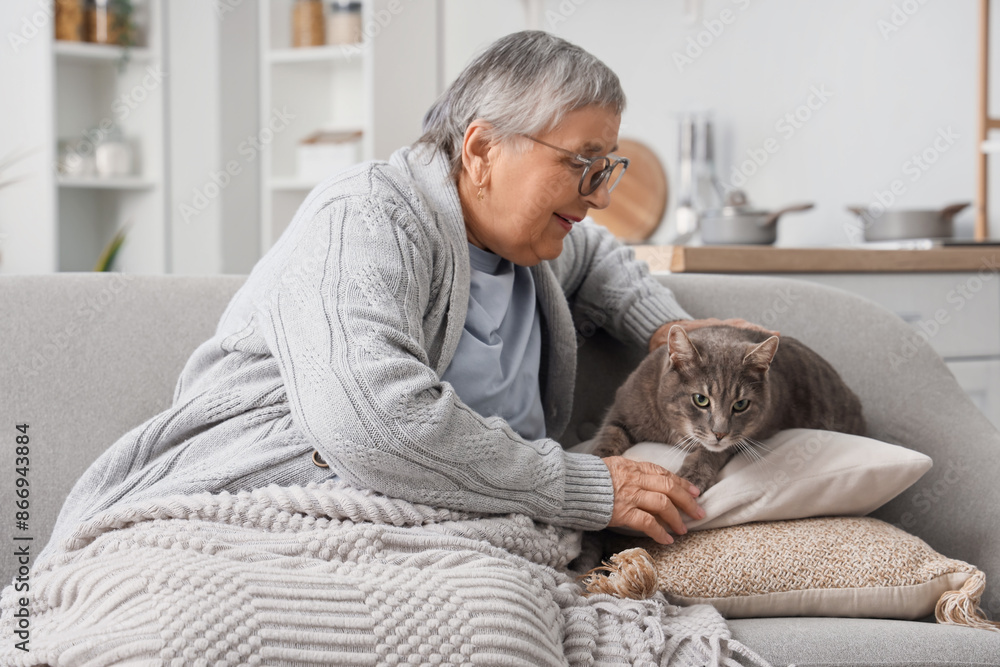 Canvas Prints senior woman with plaid and cat resting on sofa at home