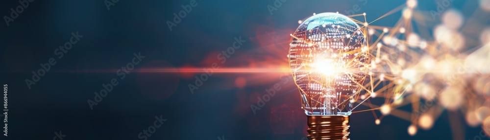 Poster technology concept image of a light bulb with a digital network overlay, symbolizing innovation and 