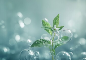 a plant with green leaves and a white flower in the center, surrounded by a multitude of water droplets. The background is slightly blurred, giving the image a dreamy, ethereal feel. generative ai