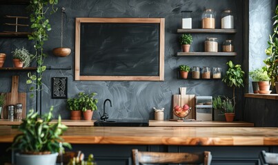 Minimalist kitchen with a blank chalkboard on the wall