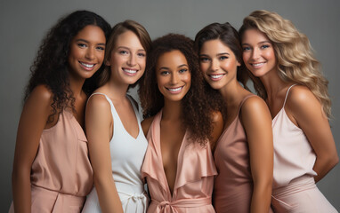 Obraz premium Five women of different ethnicities and hair colors pose together in front of a gray background, all smiling with their arms around each other. They wear pink dresses