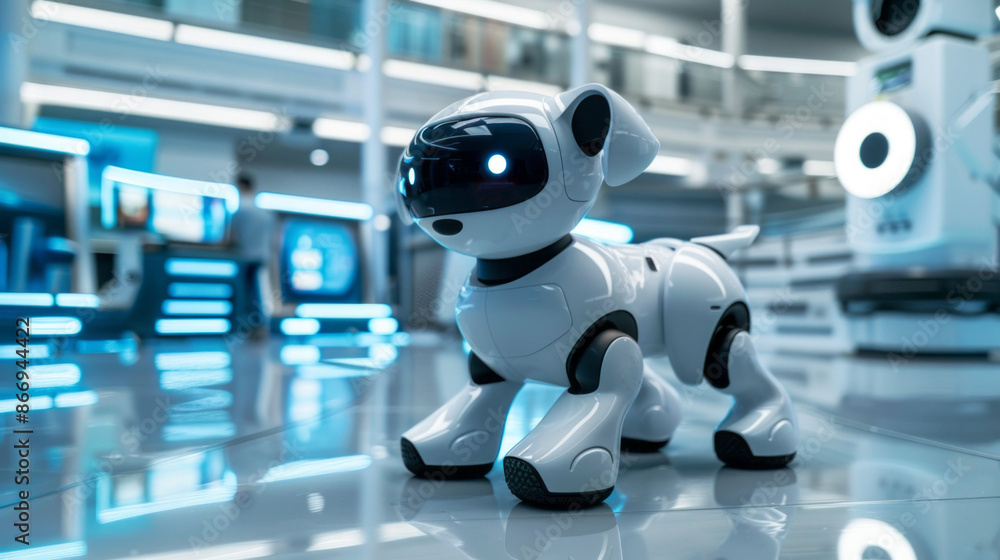 Poster a white robotic dog prototype stands on a gleaming floor in a futuristic laboratory setting. the dog