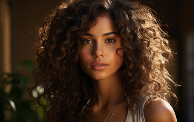 Fototapeta premium A close-up portrait of a woman with long, curly brown hair