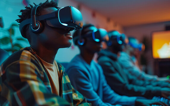 A young man wearing a VR headset is engaged in a virtual reality gaming experience with his friends in a modern home setting