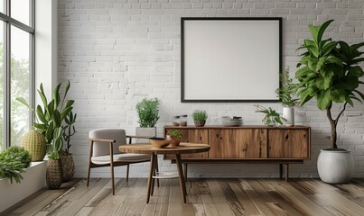 Serene dining room with a blank frame above the buffet