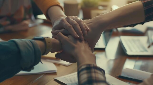 Group of diverse professionals coming together at a table in the office, symbolizing their unity and determination to achieve a shared objective
