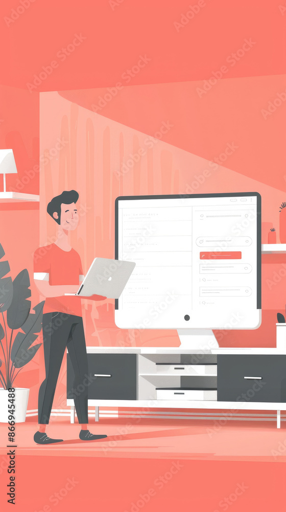 Poster illustration of a man working on his laptop in a modern home office setting with a large desktop com