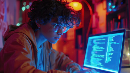 Obraz premium A young man wearing glasses sits in a dark room illuminated by blue and red lights, focusing intently on his laptop screen, likely coding or working on a programming project