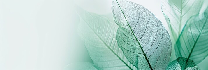 Intricate green leaf vein on white, minimalist design with detailed, shallow depth of field