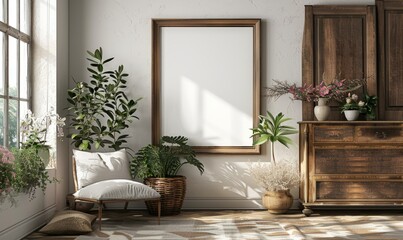 Elegant bedroom with a blank canvas on the dresser
