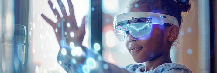A girl in AR glasses interacts with digital elements, demonstrating the potential of AR for learning and entertainment