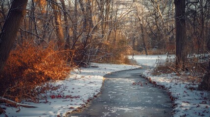 Frozen pond on a pathway