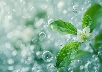 white flower with green leaves and water droplets on it, set against a blurred background. generative ai