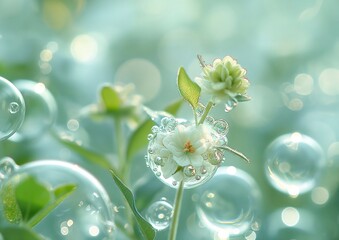 white flower with water droplets on it, surrounded by lush green leaves and stems. The background is slightly blurred, generative ai