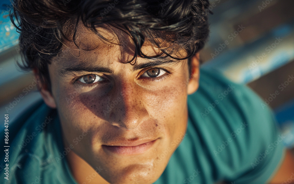 Wall mural a close-up portrait of a young man with wavy dark hair looking up at the camera